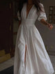 Women's Shirt Maxi Dress, Round Neck, Puff Sleeves
