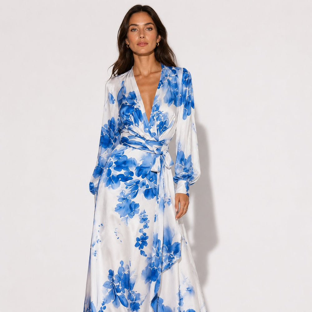Women's Floral Wrap Maxi Dress, Round Neck, Long Sleeves