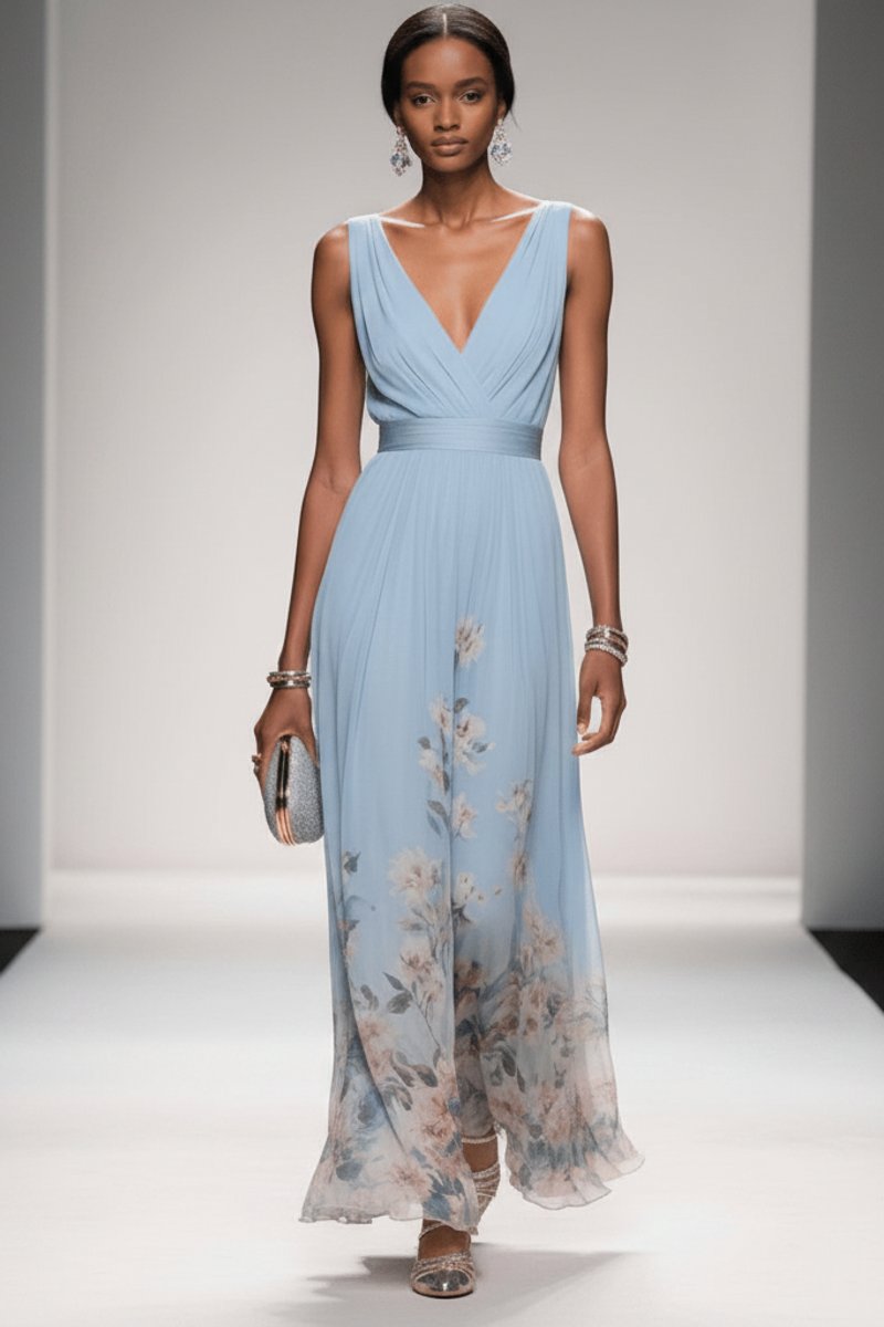 Women's Chiffon Floral Maxi Dress, V-Neck, Sleeveless
