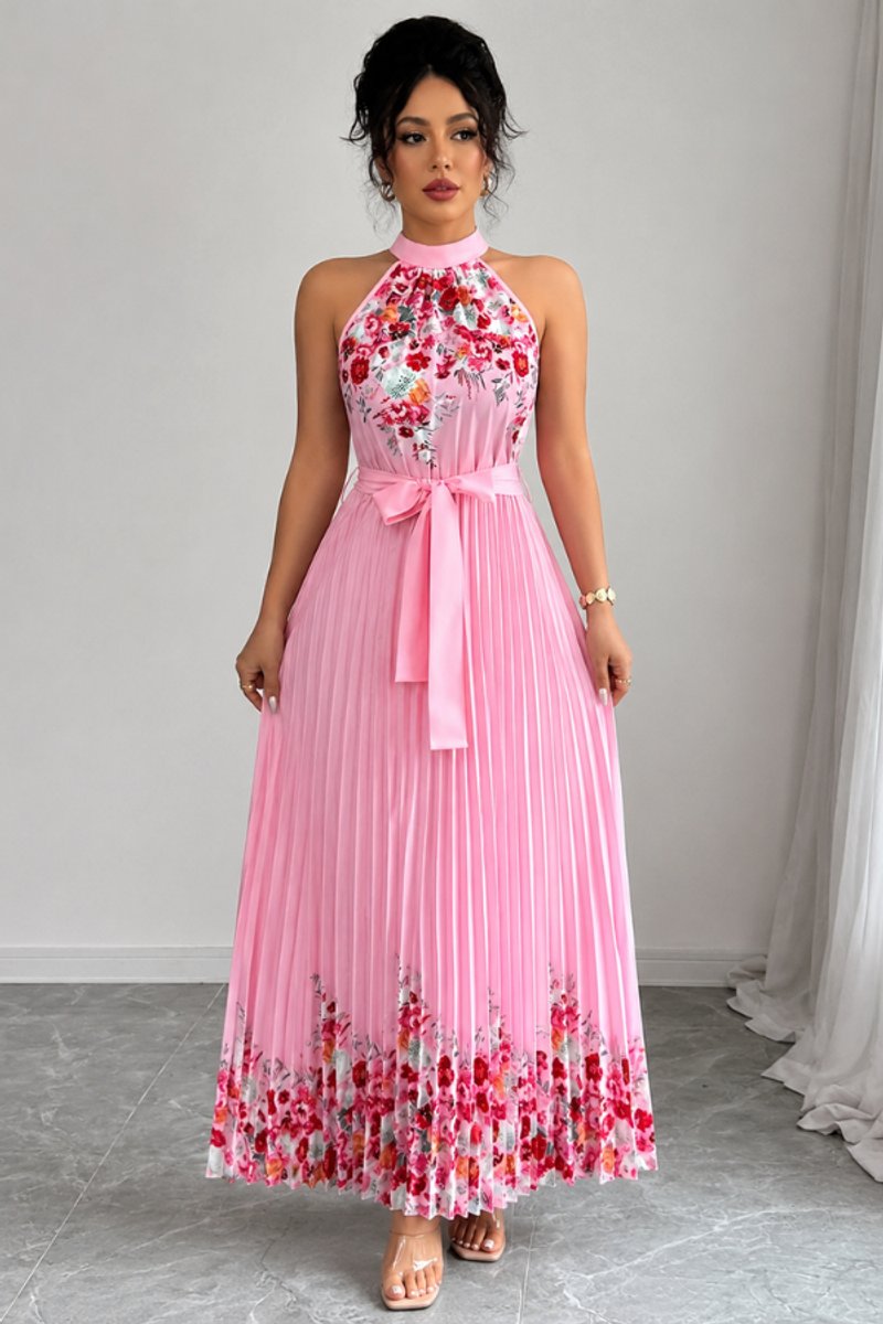 Women's Floral Pleated Midi Dress, Halter Neck, Short Sleeves