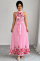 Women's Floral Pleated Midi Dress, Halter Neck, Short Sleeves