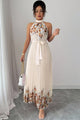 Women's Floral Pleated Midi Dress, Halter Neck, Short Sleeves