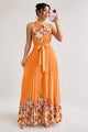 Women's Floral Pleated Midi Dress, Halter Neck, Short Sleeves