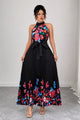 Women's Floral Pleated Midi Dress, Halter Neck, Short Sleeves