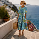 Women's Floral Relaxed Midi Dress, Round Neck, Short Sleeves