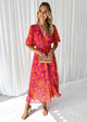 Women's Floral Midi Dress, V-Neck, Puff Sleeves