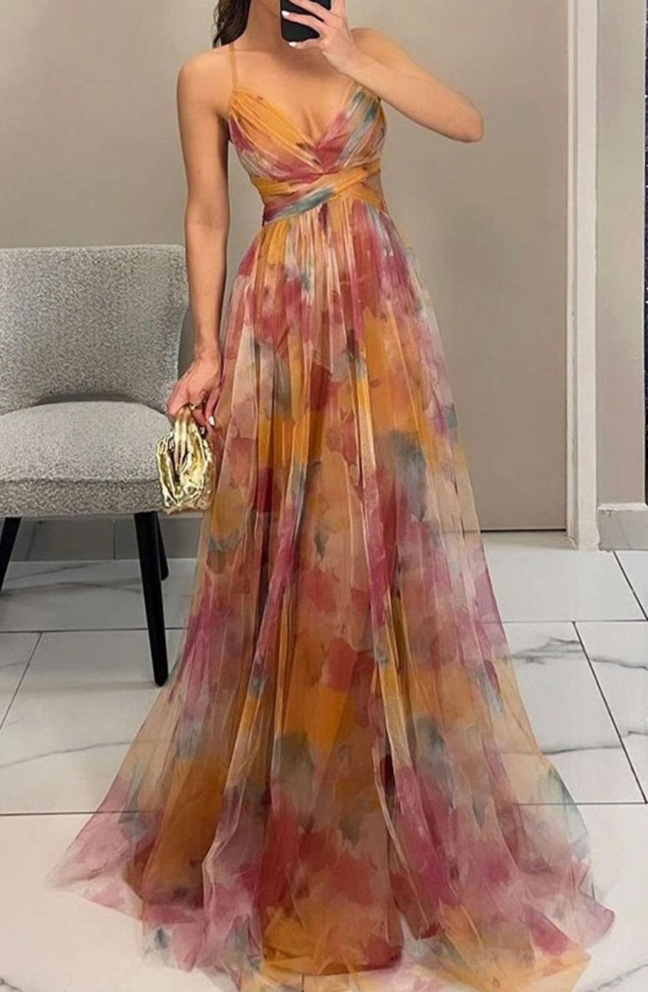 Women's Evening Floral Maxi Dress, Round Neck, Short Sleeves