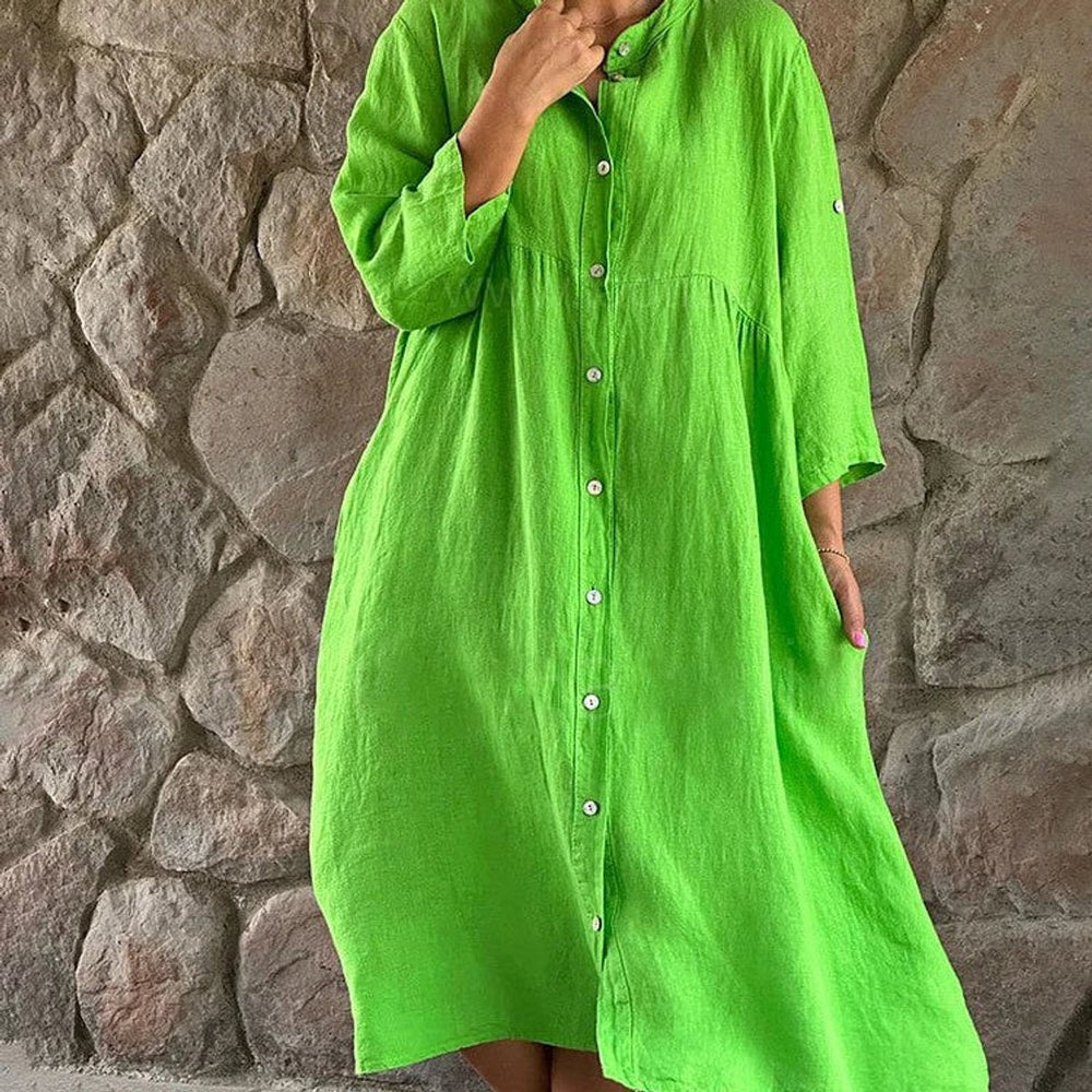 Women's Shirt Midi Dress, Round Neck, Long Sleeves