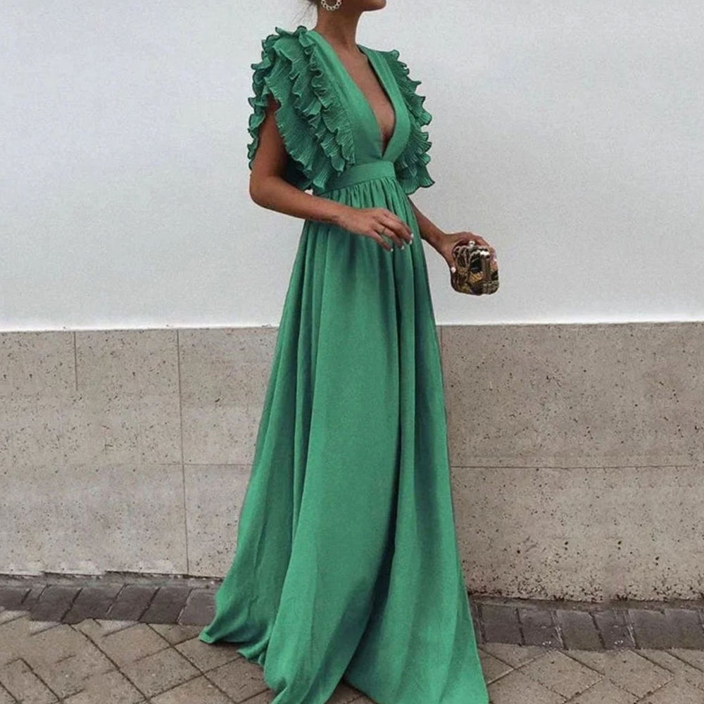 Women's Relaxed Maxi Dress, V-Neck, Ruffled Sleeves
