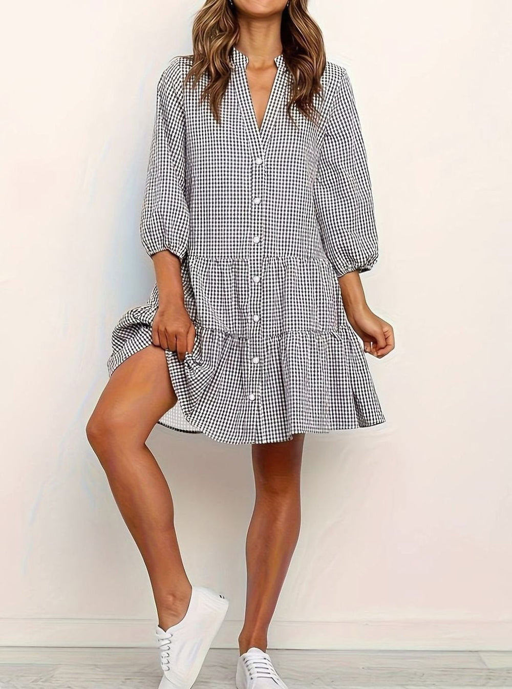 Women's Shirt Mini Dress, Round Neck, Three-Quarter Sleeves