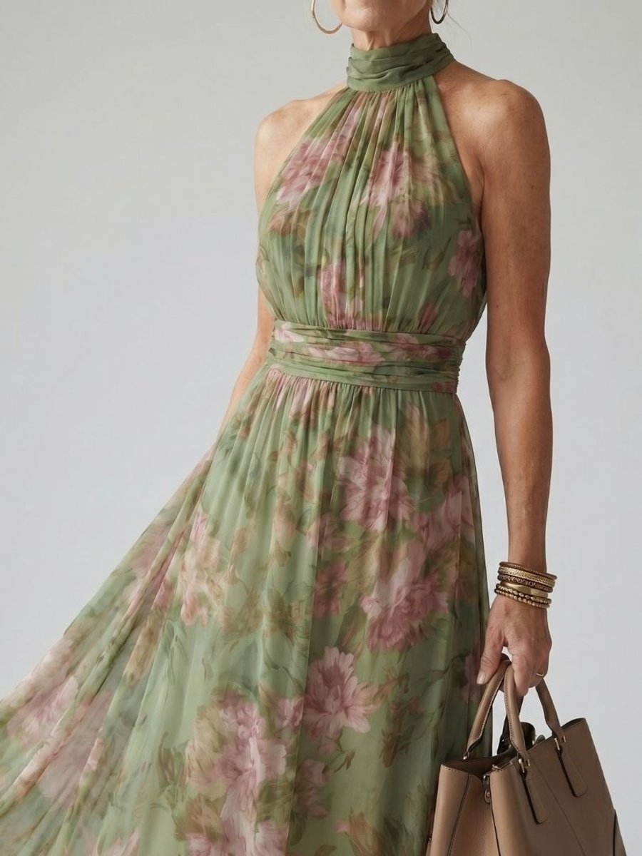 Women's Floral Midi Dress, Halter Neck, Short Sleeves