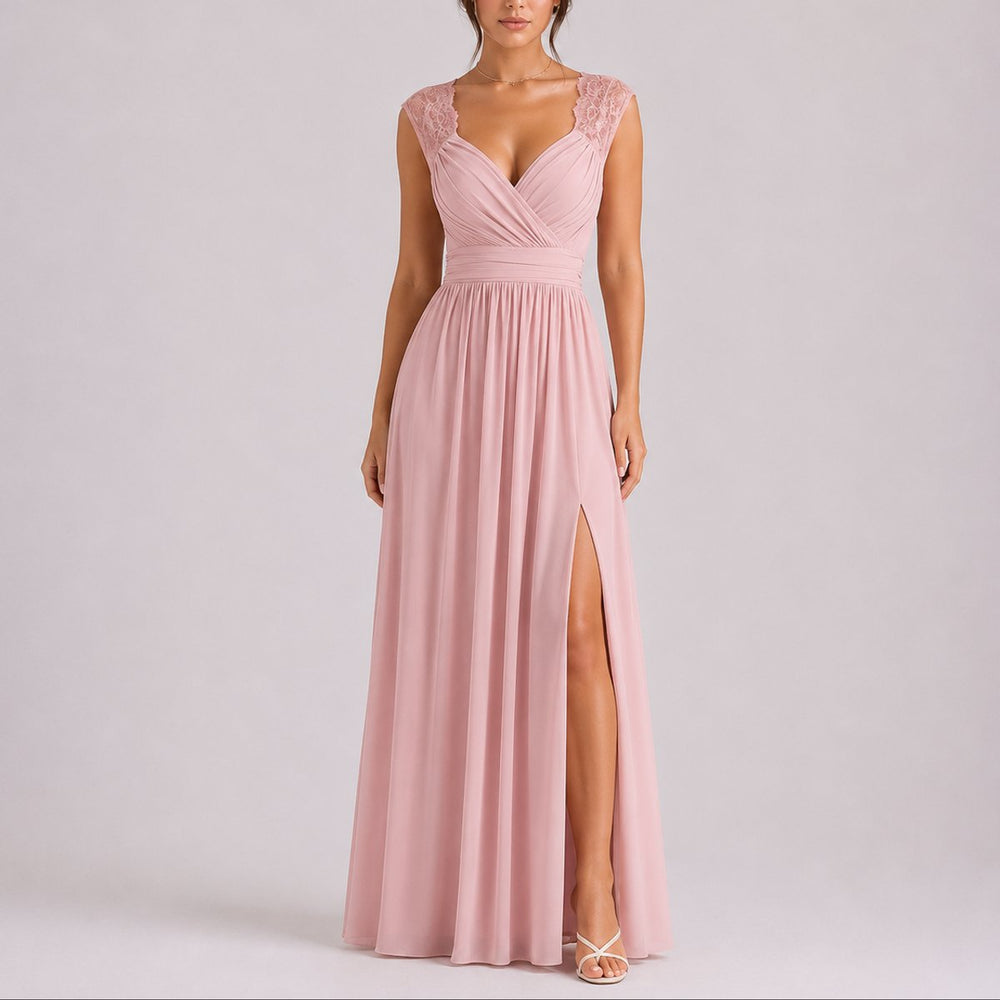 Victorine | Women's Chiffon Maxi Dress, Lace Cap Sleeves, Side Slit - image 2