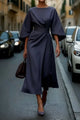 Women's Cocktail Midi Dress, Round Neck, Lantern Sleeves