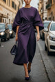 Women's Cocktail Midi Dress, Round Neck, Lantern Sleeves