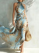 Women's Printed Maxi Dress, Halter Neck, Short Sleeves