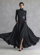 Women's Pleated Maxi Dress, Round Neck, Long Sleeves, Pockets