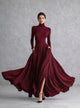 Women's Pleated Maxi Dress, Round Neck, Long Sleeves, Pockets
