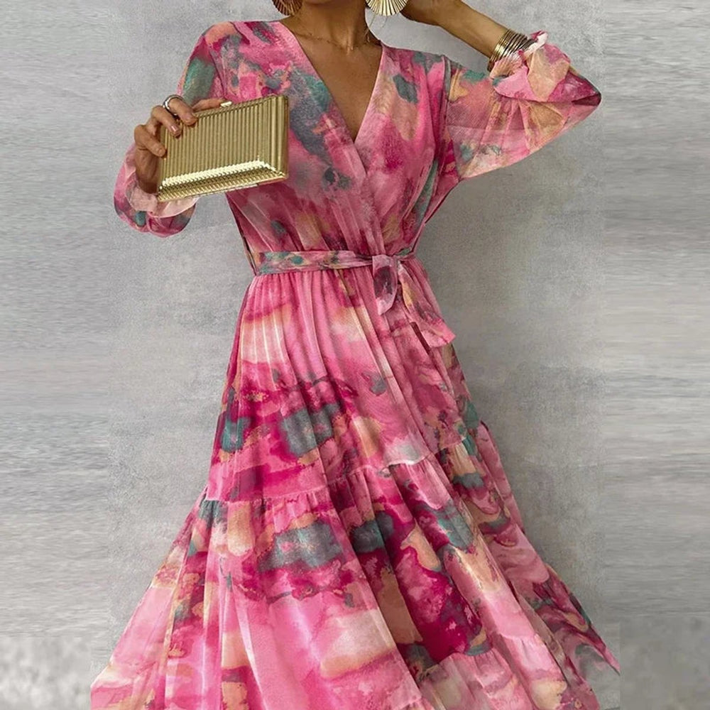 Women's Wrap Floral Tiered Maxi Dress, V-Neck, Long Sleeves