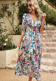 Women's Floral Floral Midi Dress, V-Neck, Puff Sleeves