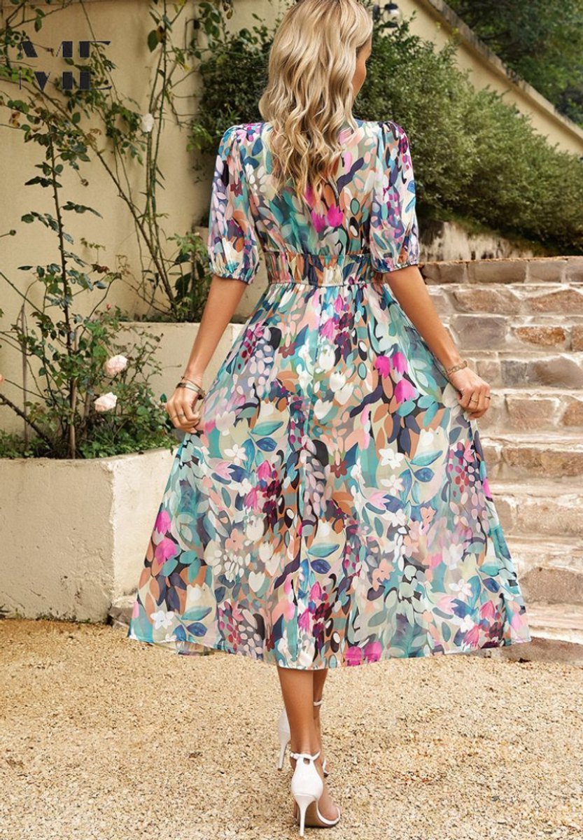 Women's Floral Floral Midi Dress, V-Neck, Puff Sleeves