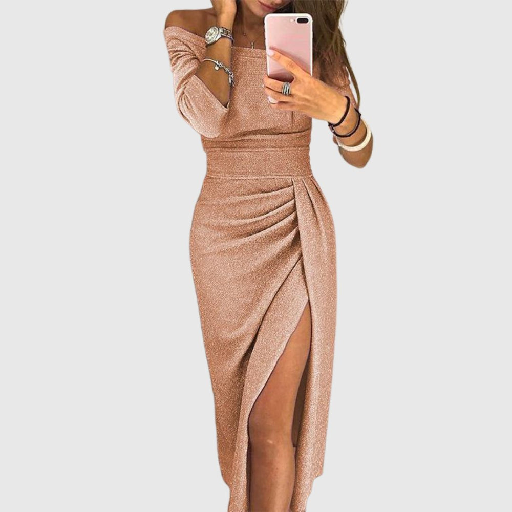 Women's Ruched Maxi Dress, Off-Shoulder, Long Sleeves, Side Slit