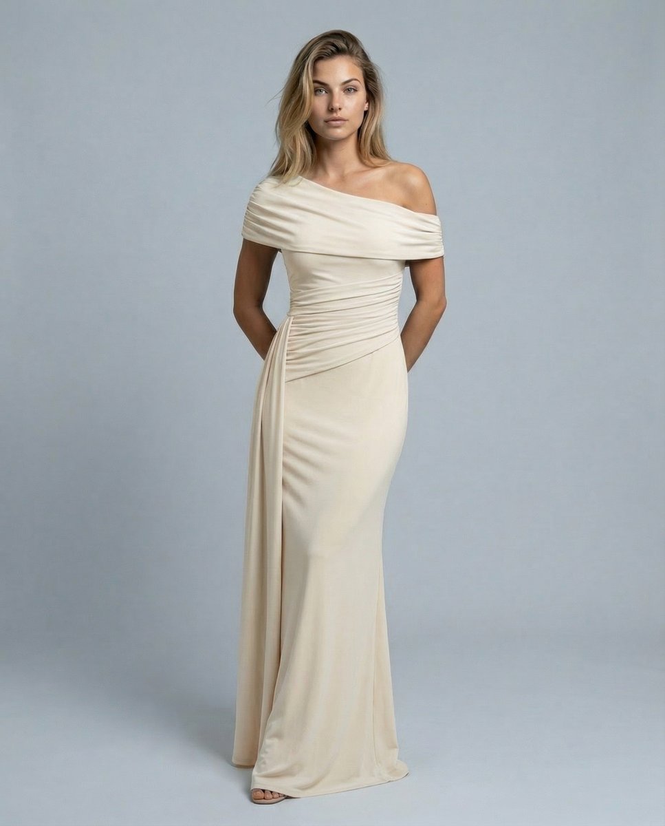 Women's Evening Ruched Maxi Dress, Off-Shoulder, Short Sleeves