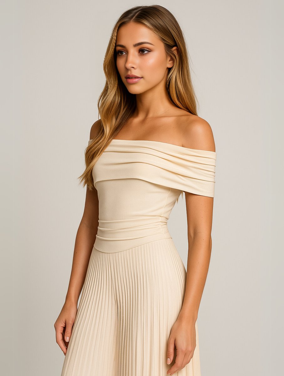 Women's Evening Wedding Guest Pleated Maxi Dress, Off-Shoulder, Short Sleeves