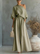 Women's Linen Maxi Dress, Off-Shoulder, Short Sleeves