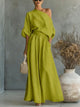 Women's Linen Maxi Dress, Off-Shoulder, Short Sleeves