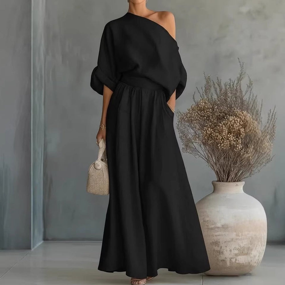 Women's Linen Maxi Dress, Off-Shoulder, Short Sleeves