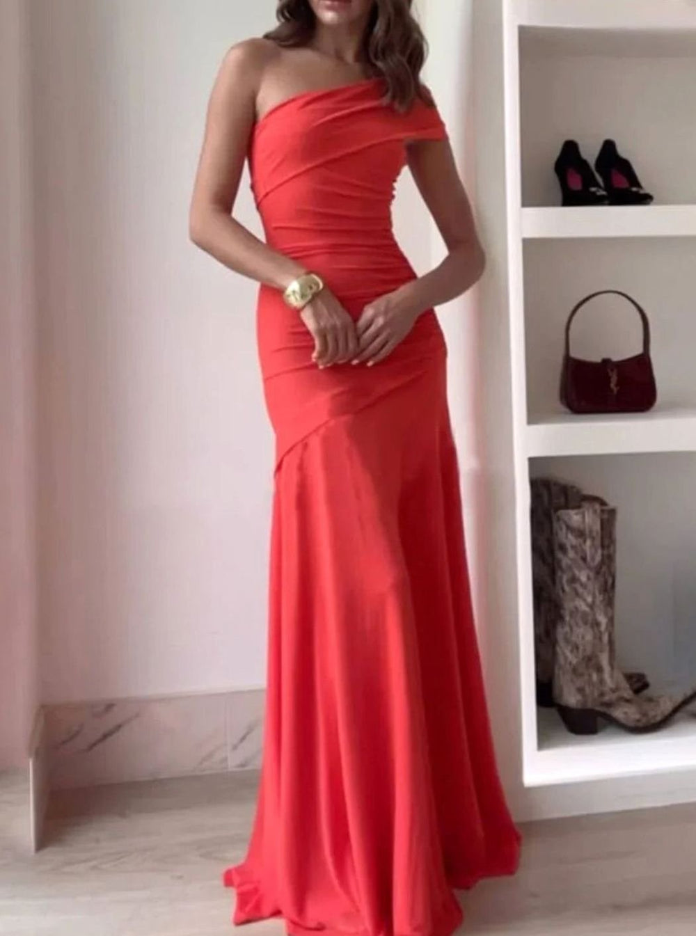 Women's Ruched Maxi Dress, Off-Shoulder, Short Sleeves