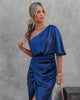 Women's Satin Ruched Midi Dress, Off-Shoulder, Short Sleeves