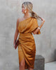 Women's Satin Ruched Midi Dress, Off-Shoulder, Short Sleeves