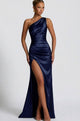 Women's Satin Ruched Maxi Dress, Off-Shoulder, Short Sleeves