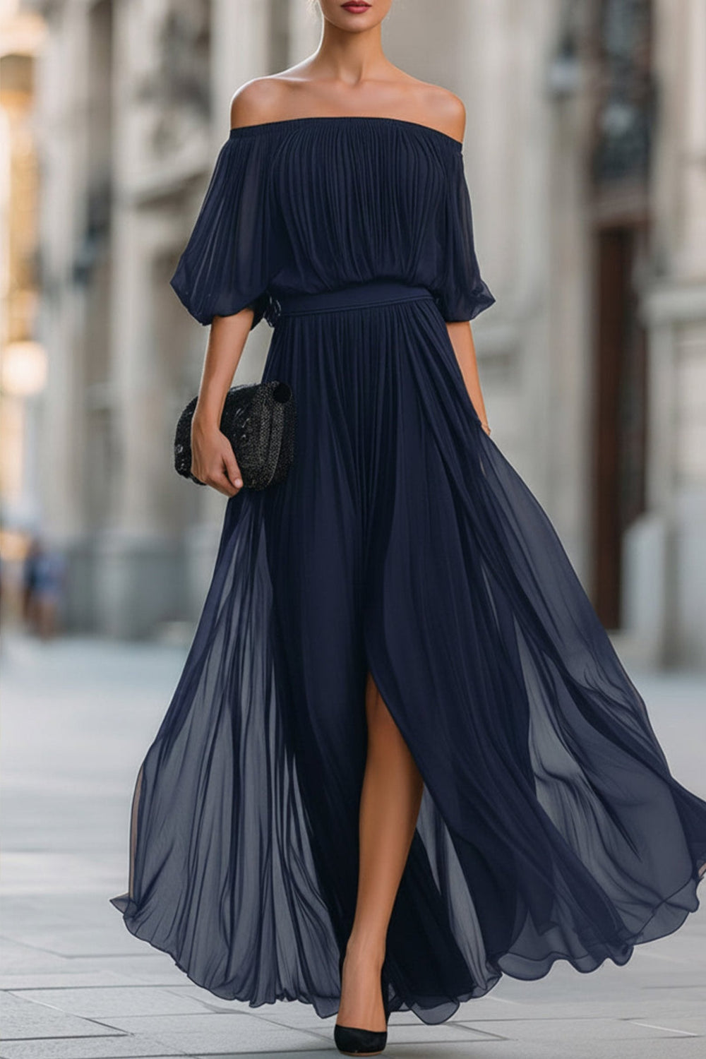 Women's Chiffon Pleated Maxi Dress, Off-Shoulder, Short Sleeves