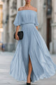 Women's Chiffon Pleated Maxi Dress, Off-Shoulder, Short Sleeves