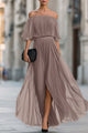 Women's Chiffon Pleated Maxi Dress, Off-Shoulder, Short Sleeves