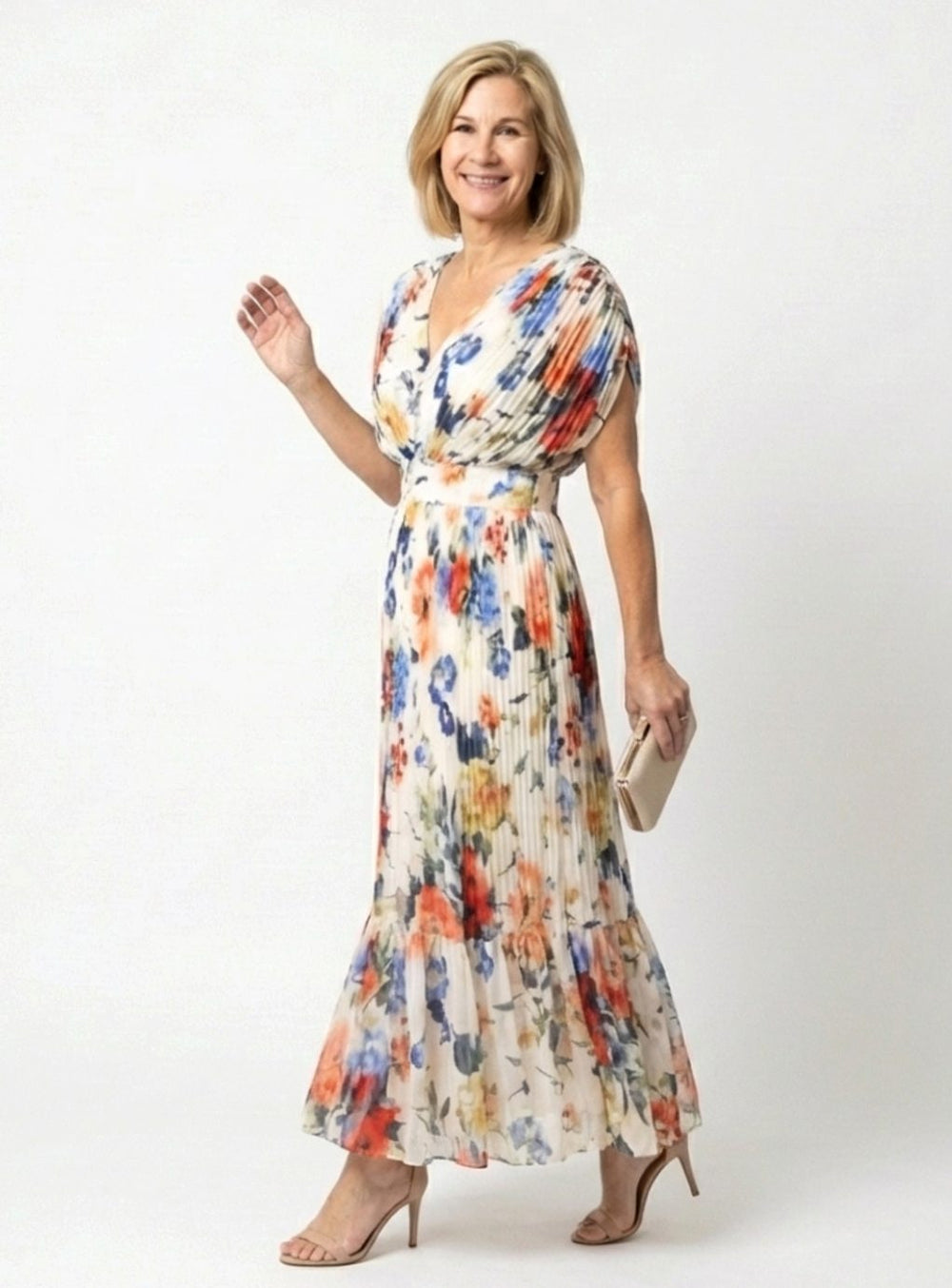 Women's Floral Pleated Midi Dress, V-Neck, Short Sleeves