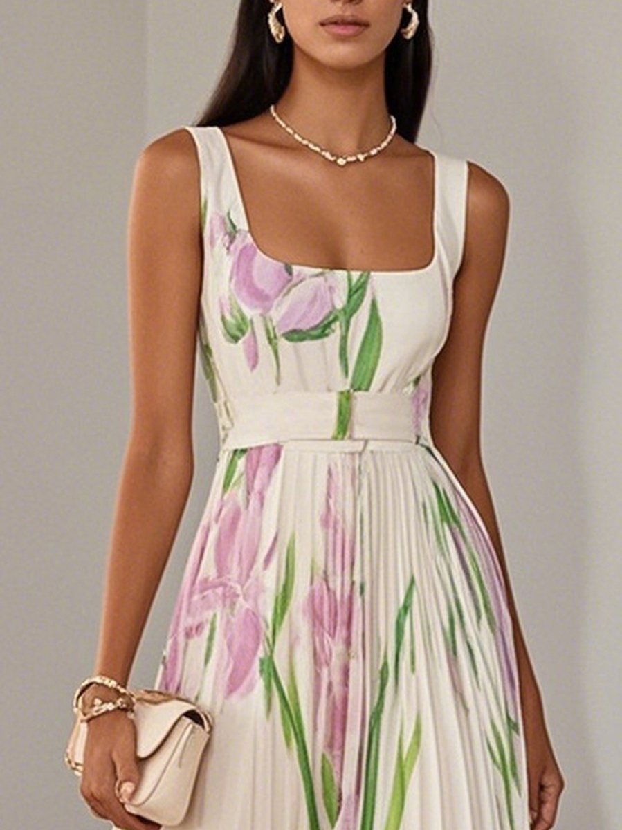Women's Floral Pleated Maxi Dress, Square Neck, Short Sleeves