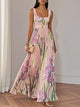 Women's Floral Pleated Maxi Dress, Square Neck, Short Sleeves