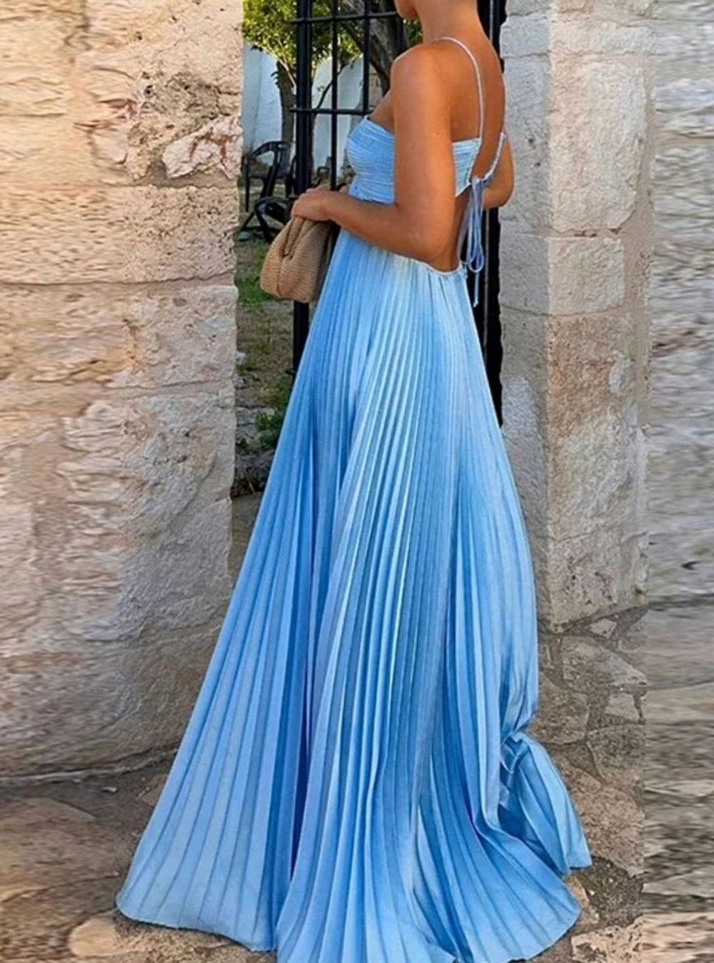 Women's Comfort Pleated Maxi Dress, Halter Neck, Short Sleeves