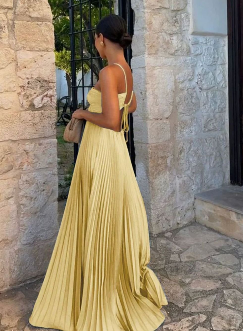 Women's Ruffled Pleated Maxi Dress, Halter Neck, Short Sleeves