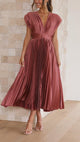 Women's Pleated Midi Dress, V-Neck, Cap Sleeves