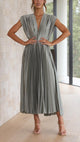Women's Pleated Midi Dress, V-Neck, Cap Sleeves