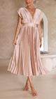 Women's Pleated Midi Dress, V-Neck, Cap Sleeves