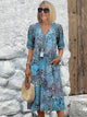 Women's Floral Relaxed Midi Dress, V-Neck, Short Sleeves, Pockets