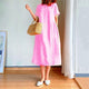 Women's Linen Relaxed Midi Dress, Round Neck, Short Sleeves