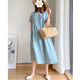 Women's Linen Relaxed Midi Dress, Round Neck, Short Sleeves