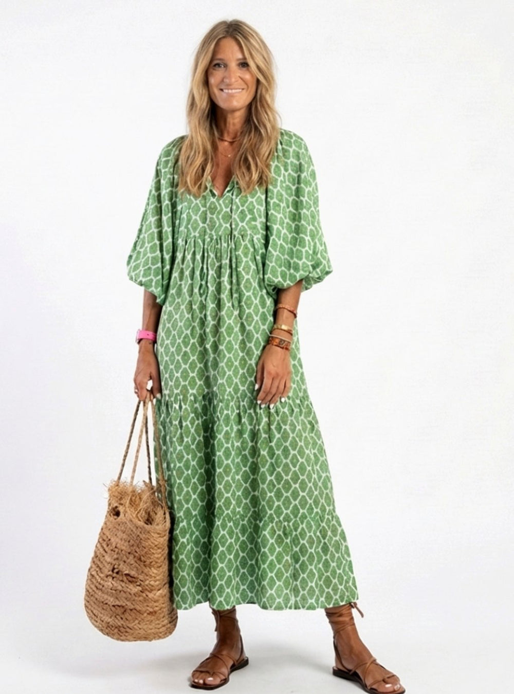 Women's Tiered Midi Dress, V-Neck, Three-Quarter Sleeves