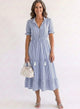 Women's Striped Tiered Midi Dress, Round Neck, Short Sleeves